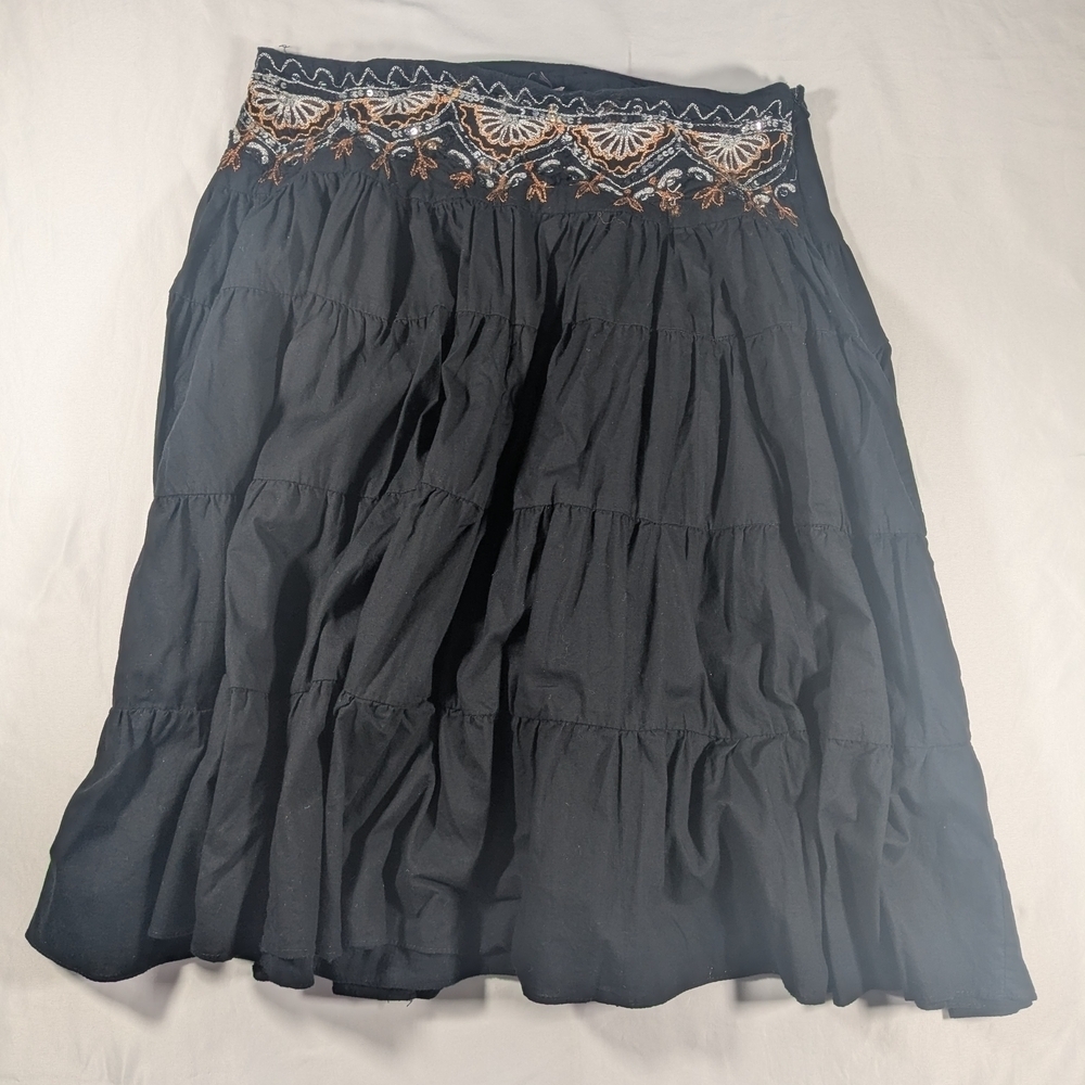 Nolita Cotton Black Embroidered and Sequin Pleated Midi Skirt Size Small